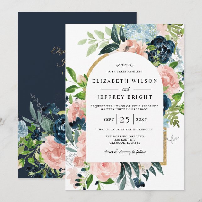 Invitation Aquarelle Marine Blush or Floral Arbre Mariage I (Devant / Derrière)