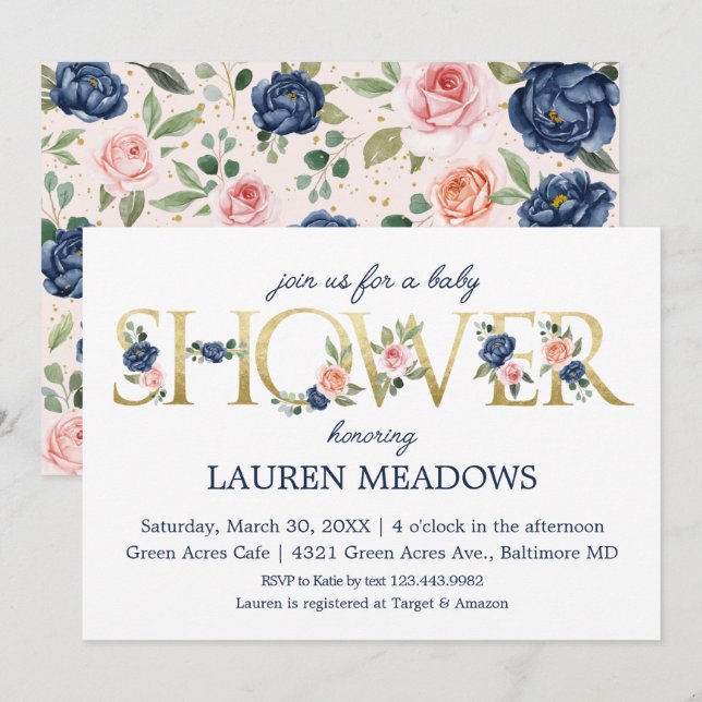 Invitation Aquarelle Marine & Coral Baby shower Floral (Devant / Derrière)