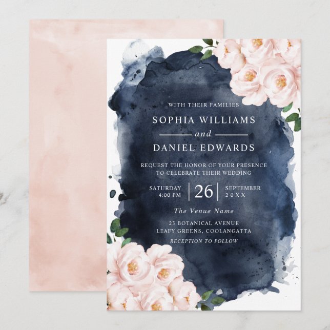Invitation Aquarelle marine et beau Mariage floral (Devant / Derrière)