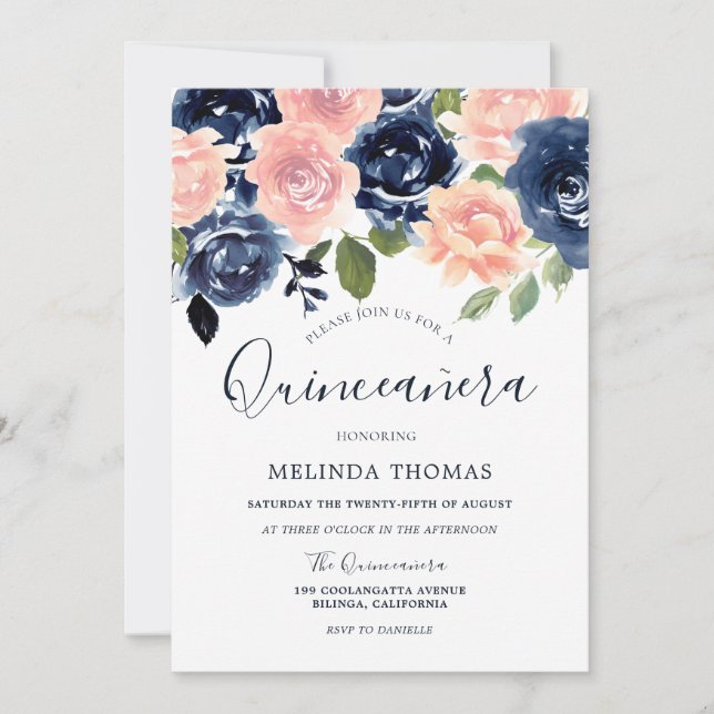 Invitation Aquarelle marine et bleu Quinceañera 15e anniversa (Devant)