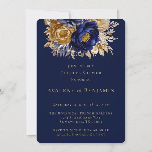 Invitation Aquarelle marine et or Peony Couples Douche (Devant)