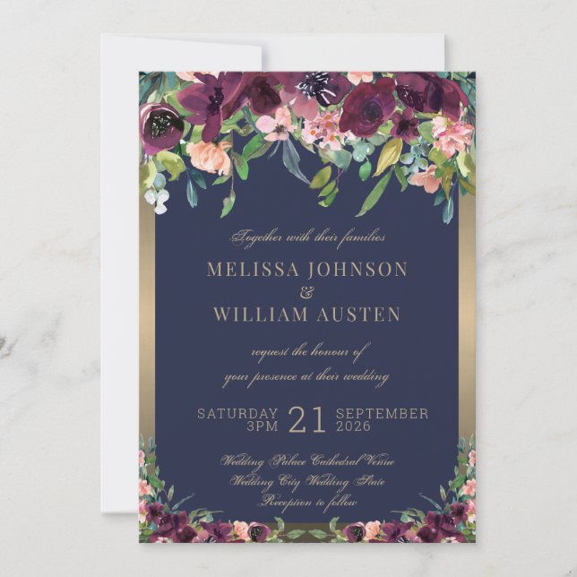 Invitation Aquarelle Marine or Bourgogne Mariage floral (Devant)
