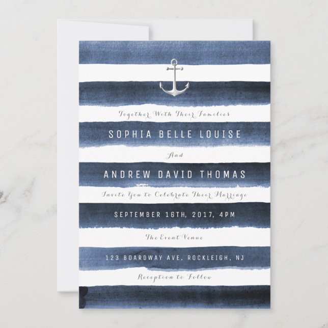 Invitation Aquarelle marine rayures marine mariage plage naut (Devant)