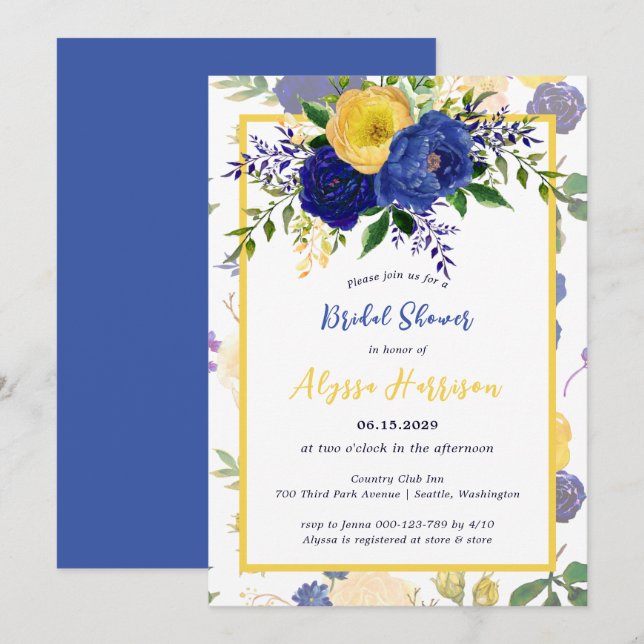 Invitation Aquarelle marine Yellowish Gold Floral Bridal Invi (Devant / Derrière)