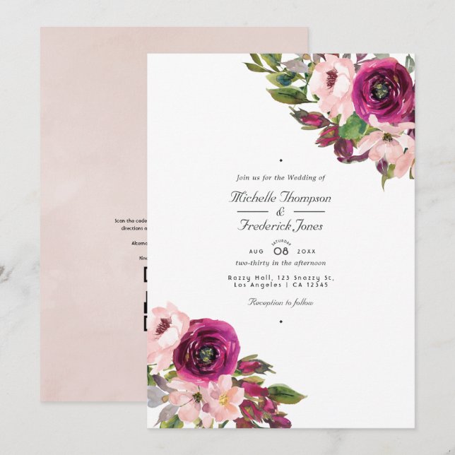 Invitation Aquarelle Marsala & Blush Floral QR Code Mariage (Devant / Derrière)