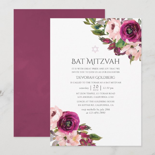 Invitation Aquarelle Marsala et Bat mitzvah floral (Devant / Derrière)