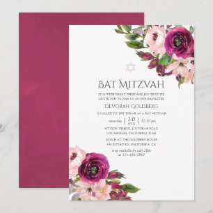 Invitation Aquarelle Marsala et Bat mitzvah floral