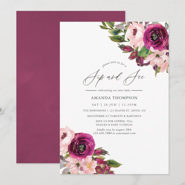 Invitation Aquarelle Marsala et Blush Floral Sip et voir (Devant / Derrière)