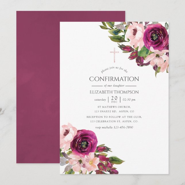 Invitation Aquarelle Marsala et confirmation florale Blush (Devant / Derrière)