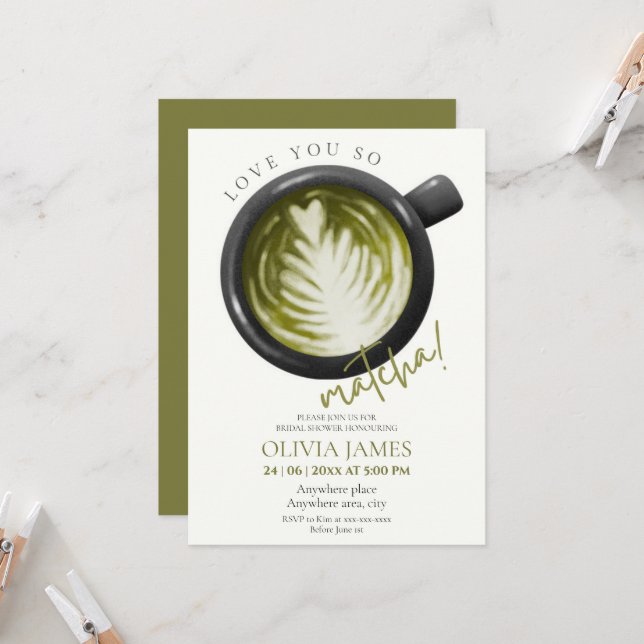 Invitation Aquarelle Matcha thème douche nuptiale (Devant/Arrière en situation)