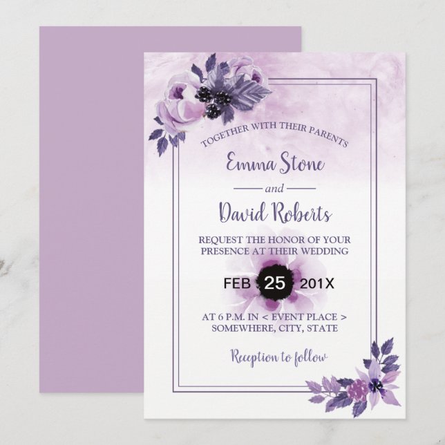 Invitation Aquarelle Mauve Floral Élégant Mariage de printemp (Devant / Derrière)