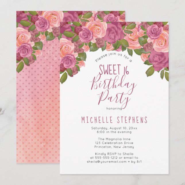 Invitation Aquarelle mauve Floral Sweet 16 Anniversaire (Devant / Derrière)