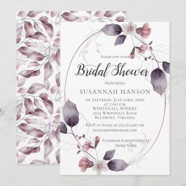 Invitation Aquarelle Mauve rose Fleurs Feuilles Fête des mari (Devant / Derrière)