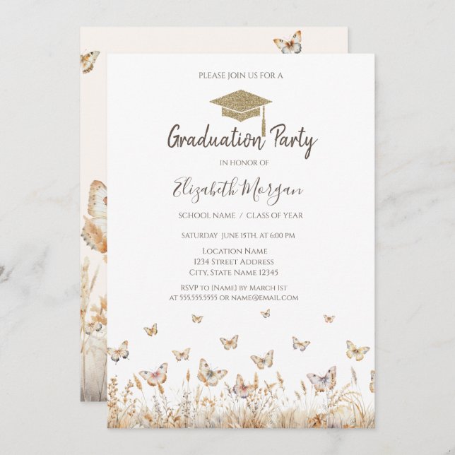 Invitation Aquarelle Meadow Butterflies Graduation (Devant / Derrière)