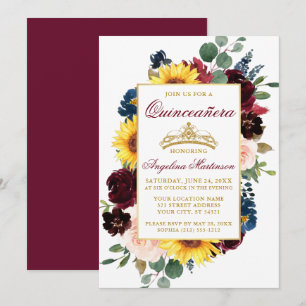 Invitation Aquarelle Mélange Bourgogne Floral Or Quinceanera