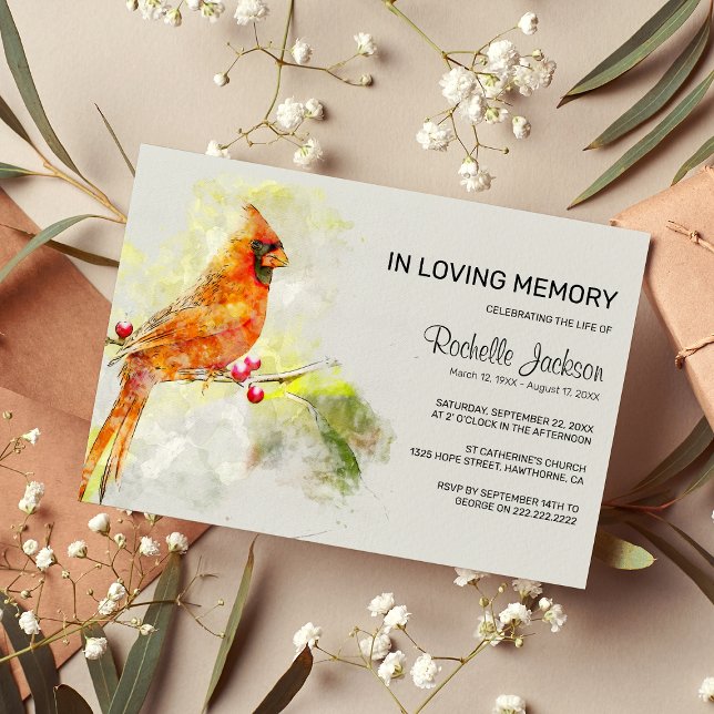 Invitation Aquarelle Mémorial funéraire des oiseaux cardinaux (Créateur téléchargé)