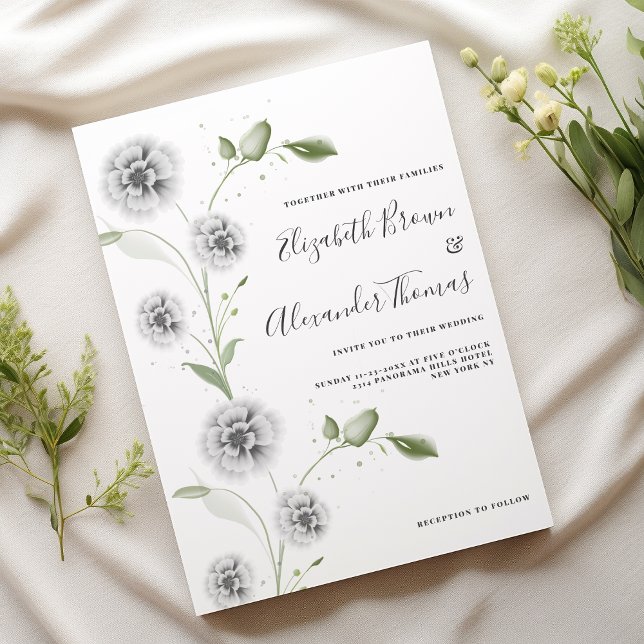 Invitation Aquarelle menthe blanc pavot floral feuille mariag (Watercolor mint white poppy floral leaves wedding)