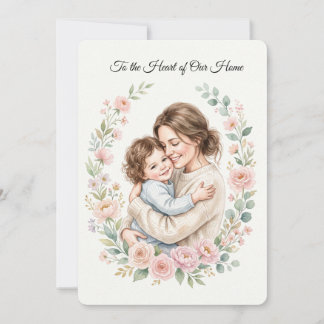 Invitation Aquarelle Mère et Enfant Câlin avec Couronne Flora