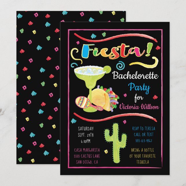 Invitation Aquarelle mexicaine Fiesta Bachelorette (Devant / Derrière)
