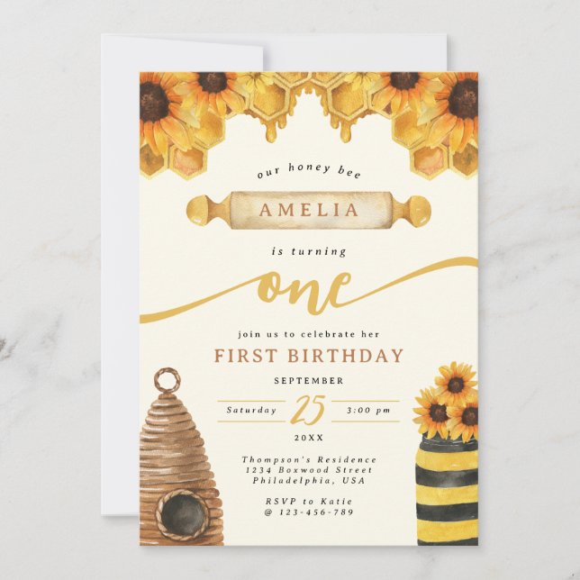 Invitation Aquarelle Miel Abeille Tournesol Premier anniversa (Devant)
