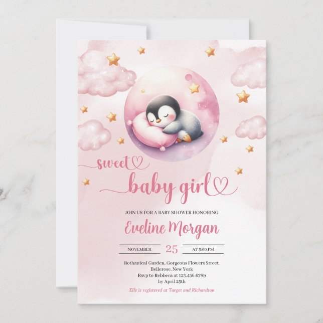 Invitation Aquarelle mignon pingouin fille baby shower (Devant)