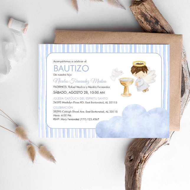Invitation Aquarelle mignonne Angel Garçon Baptême catholique (Créateur téléchargé)