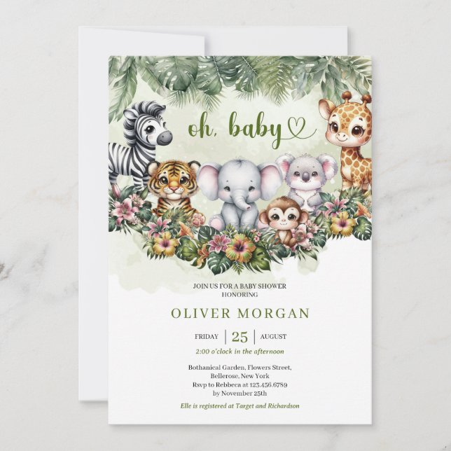 Invitation Aquarelle mignonne Animaux Safari Végétation tropi (Devant)