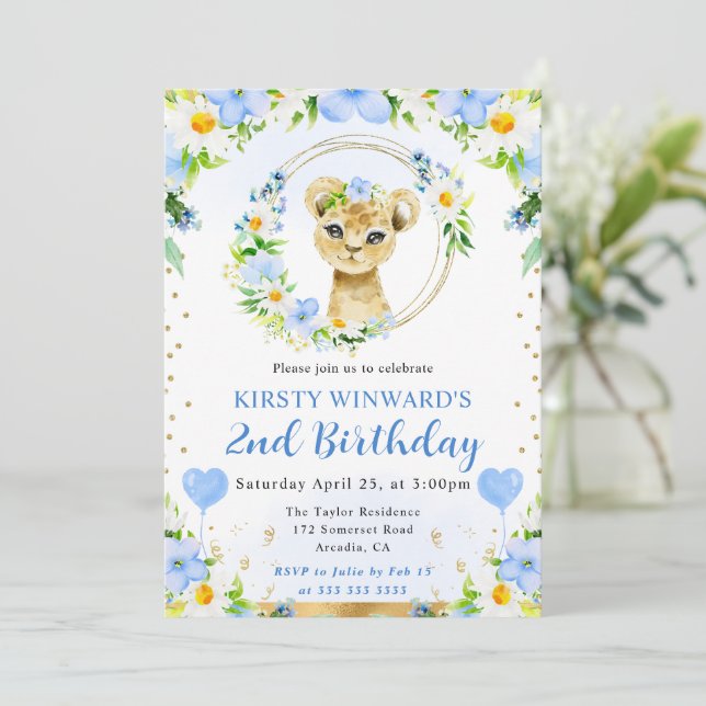 Invitation Aquarelle mignonne Anniversaire de enfant de Lion  (Debout devant)