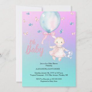 Invitation Aquarelle mignonne Aqua & Baby shower pourpre