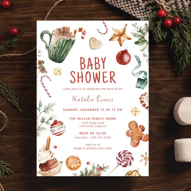 Invitation Aquarelle mignonne | Baby shower de Noël cosy (Créateur téléchargé)