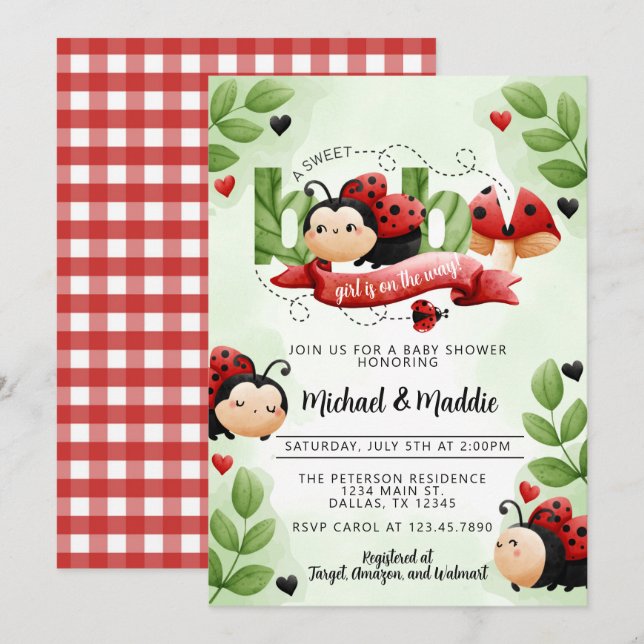 Invitation Aquarelle mignonne Baby shower d'insecte du scarab (Devant / Derrière)
