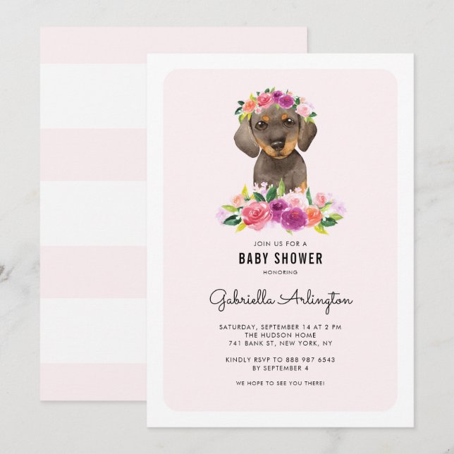 Invitation Aquarelle mignonne Baby shower Floral rose Dachshu (Devant / Derrière)