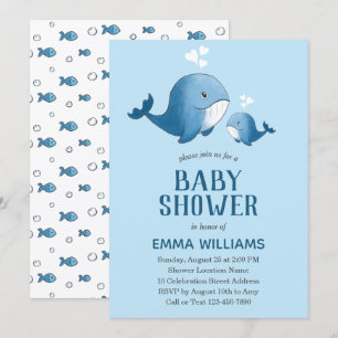 Invitation Aquarelle mignonne Baleine bleue   Baby shower gar