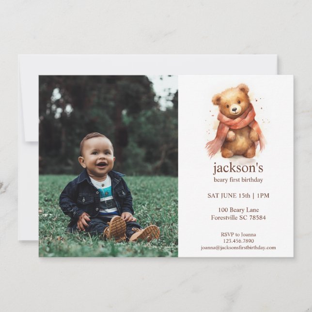 Invitation Aquarelle mignonne Bear 1er anniversaire (Devant)