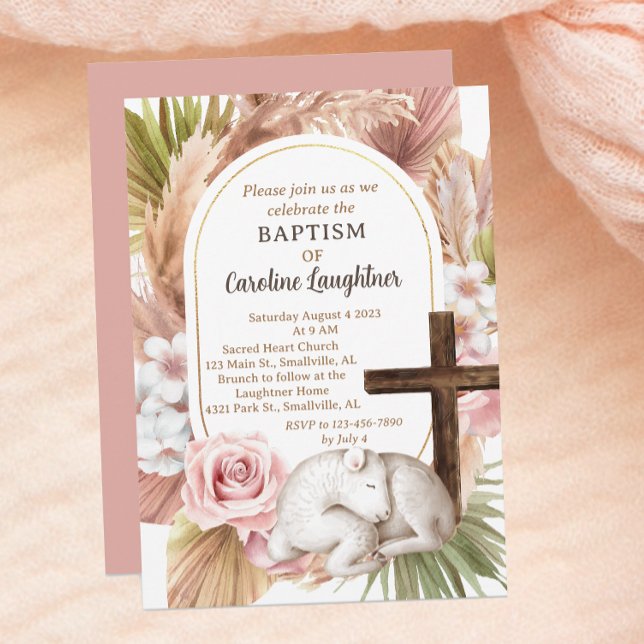 Invitation Aquarelle mignonne Bébé Agneau Fille Baptême (Créateur téléchargé)