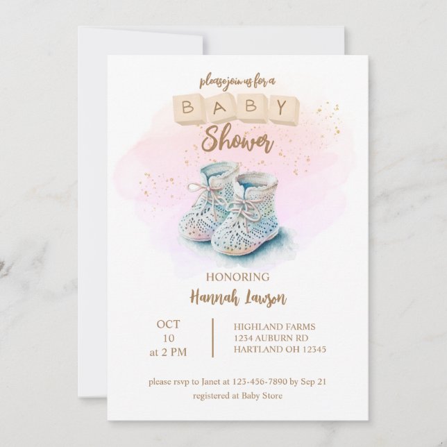 Invitation Aquarelle mignonne bébé Chaussure Baby shower fill (Devant)