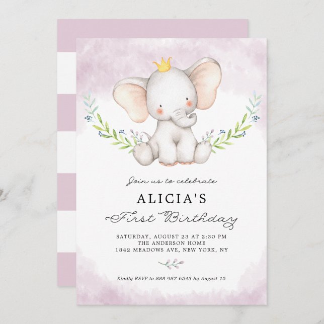 Invitation Aquarelle mignonne bébé éléphant fille premier ann (Devant / Derrière)