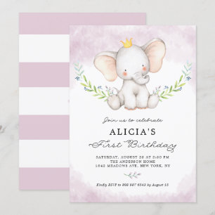 Invitation Aquarelle mignonne bébé éléphant fille premier ann