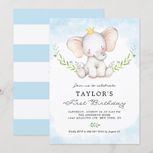 Invitation Aquarelle mignonne bébé éléphant garçon premier an