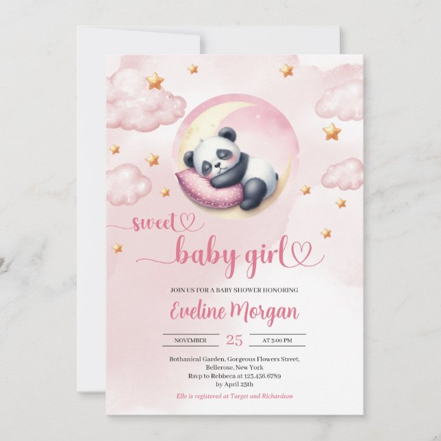 Invitation Aquarelle mignonne bébé panda fille baby shower (Devant)