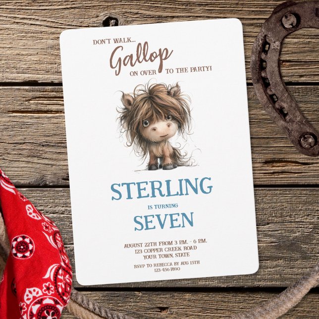 Invitation Aquarelle mignonne Cheval Pony Bleu Brown Garçon A (Créateur téléchargé)