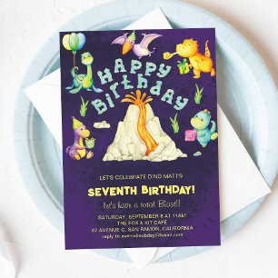 Invitation Aquarelle mignonne Dino Dinosaures & Volcano Anniv
