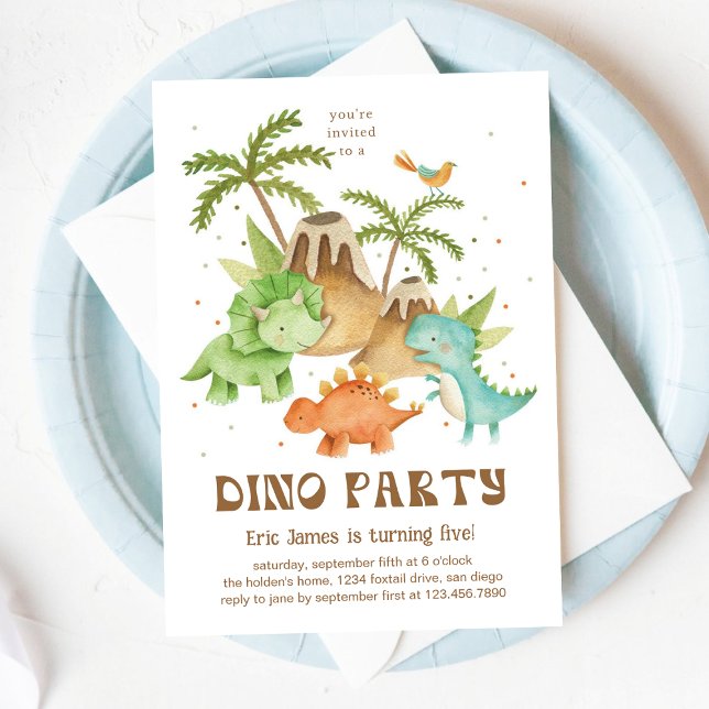 Invitation Aquarelle mignonne Dino & Volcano Anniversaire (Créateur téléchargé)