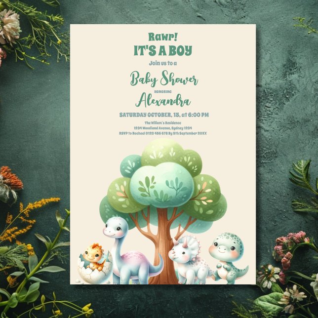 Invitation Aquarelle mignonne Dinosaure Verdure Garçon Baby S (Créateur téléchargé)