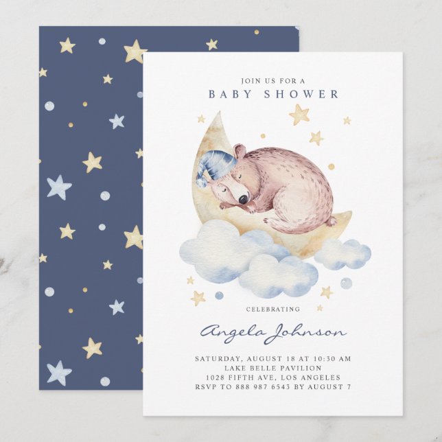 Invitation Aquarelle mignonne dormant Baby shower bébé ours (Devant / Derrière)
