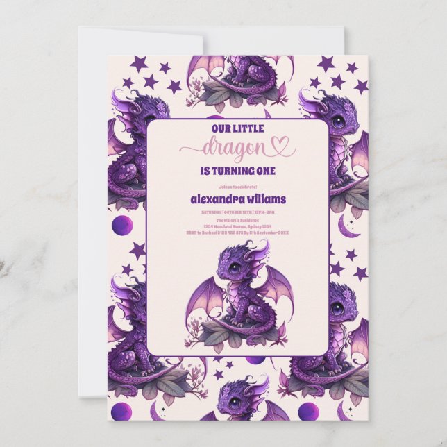 Invitation Aquarelle mignonne Dragon pourpre 1er anniversaire (Devant)