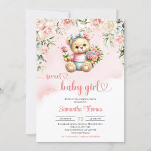 Invitation Aquarelle mignonne fille ours en peluche avec fleu