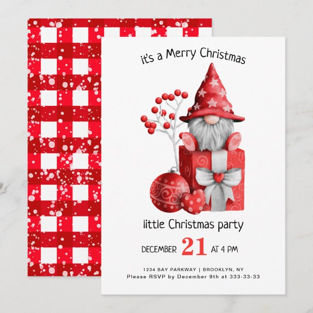 Invitation Aquarelle mignonne Gnomes Petite fête de Noël Inv (Devant / Derrière)