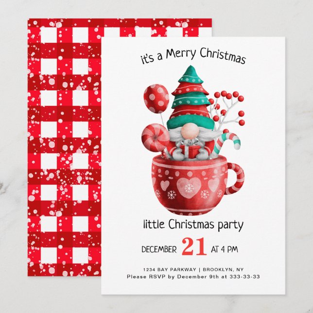 Invitation Aquarelle mignonne Gnomes Petite fête de Noël Inv (Devant / Derrière)