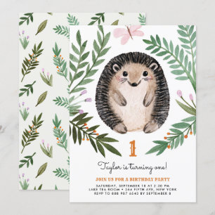 Invitation Aquarelle mignonne Hérisson vert premier anniversa